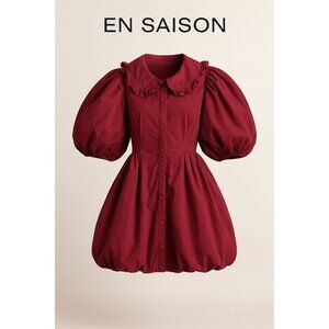 En Saison Cosima Cotton Poplin Mini Dress Burgundy Puff Sleeve Size M Bubble Hem